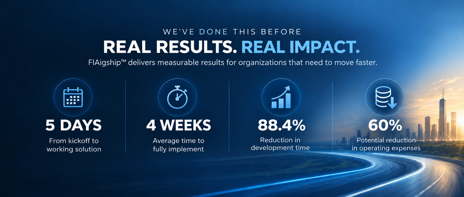 FlAigship proof points: a functional model delivered in five days, a production-ready implementation in four weeks, an 88.4 percent development time reduction, and a 60 percent potential operating-expense reduction